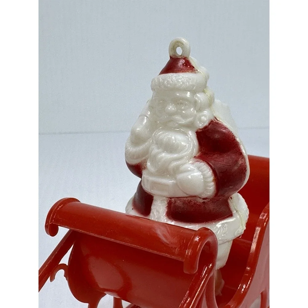 Vintage Plastic Standing Santa Claus Sleigh Pulled by Two White Reindeer